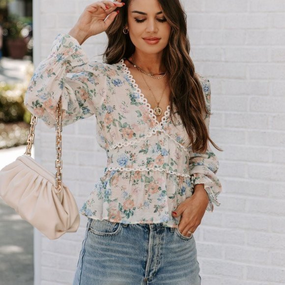 Vici Tops - MALAIA FLORAL CROCHET PEPLUM TOP - IVORY MULTI